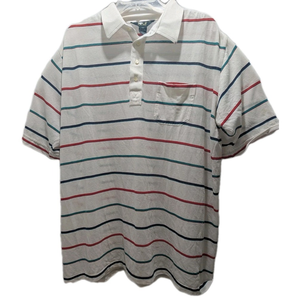 Tour Collection Mens Tall XL Polo Shirt‎ Striped White Red Teal Blue 90s Vintage